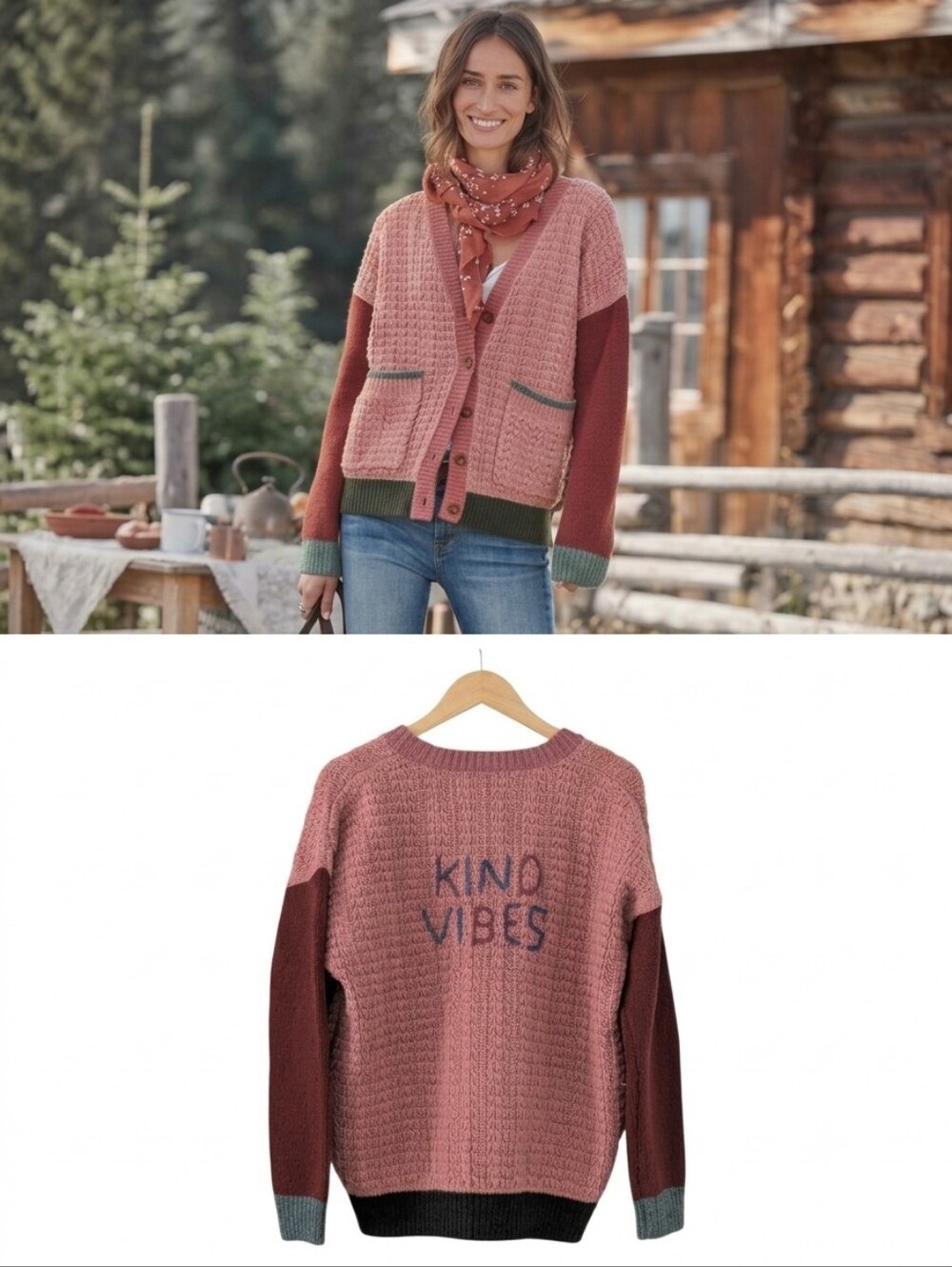 NWT Sundance Kind Vibes Colorblock Embroidered Thick Cardigan Pink Burgundy SM